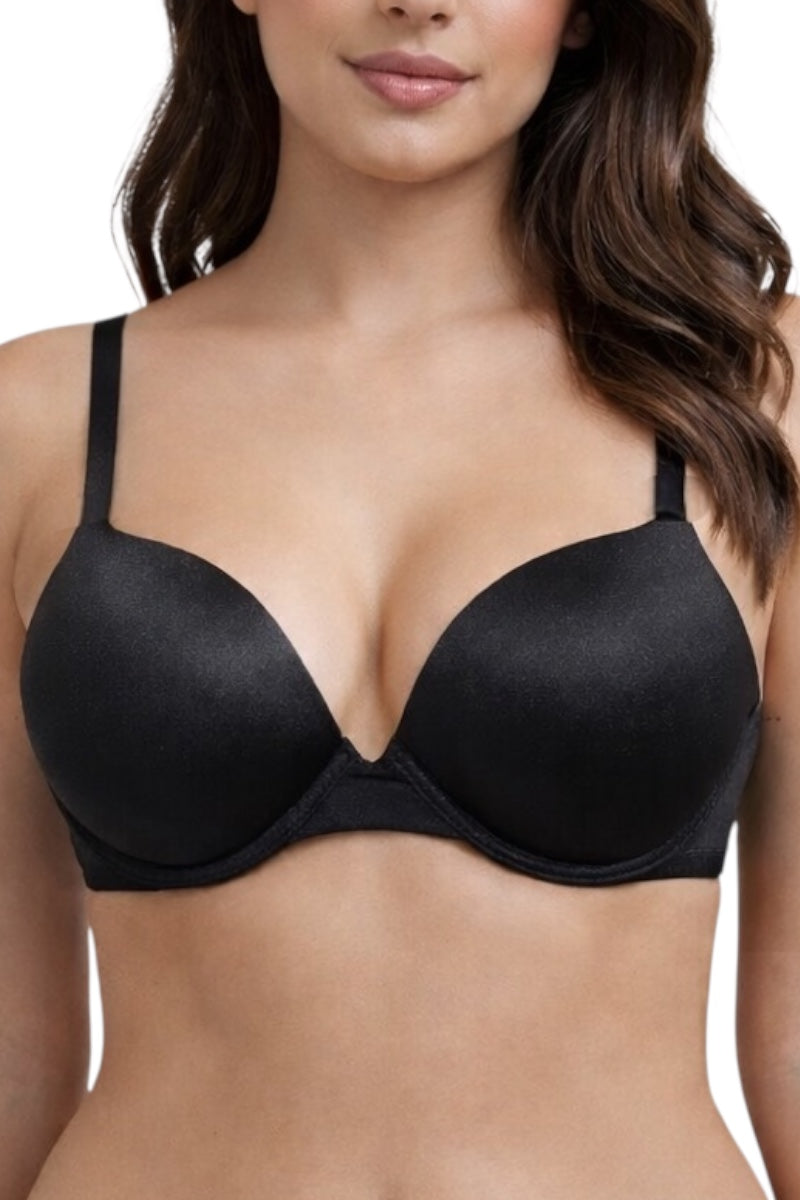 Black bra worn by a model on a white background