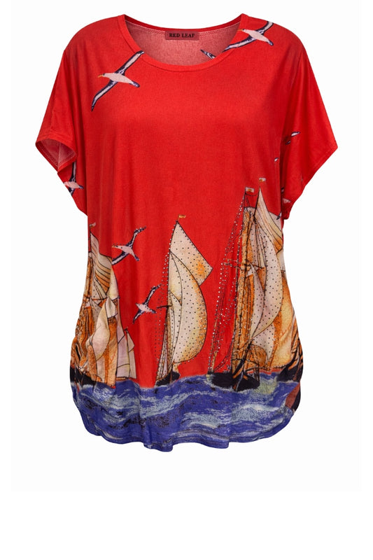 Red t-shirt with sailboat and seagull design on a white background