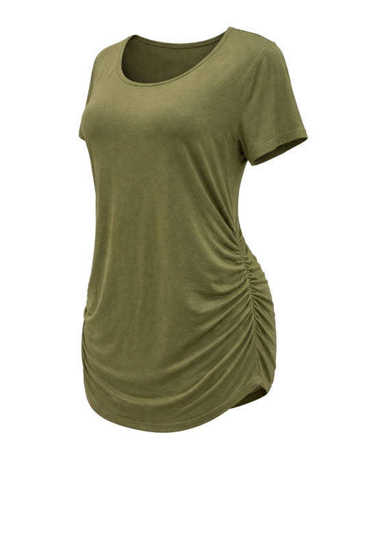 Green t-shirt with a ruched side on a white background