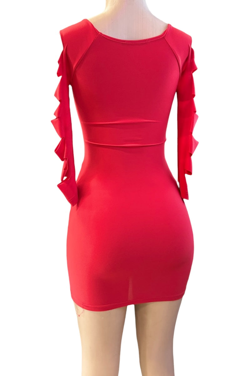 Red dress with shredded sleeves on a white background