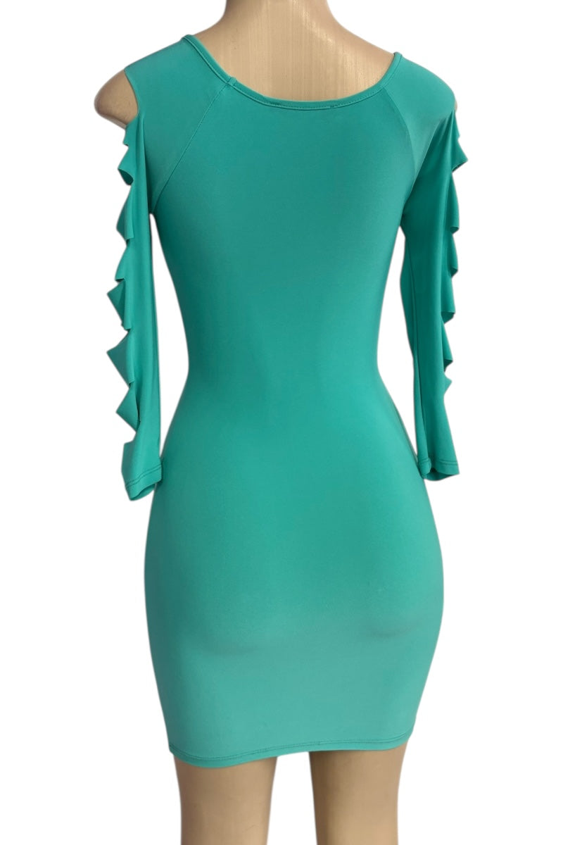 Mint dress with shredded sleeves on a mannequin against a white background