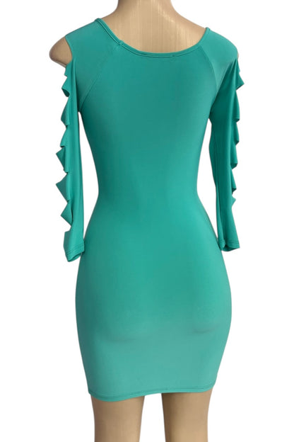 Mint dress with shredded sleeves on a mannequin against a white background