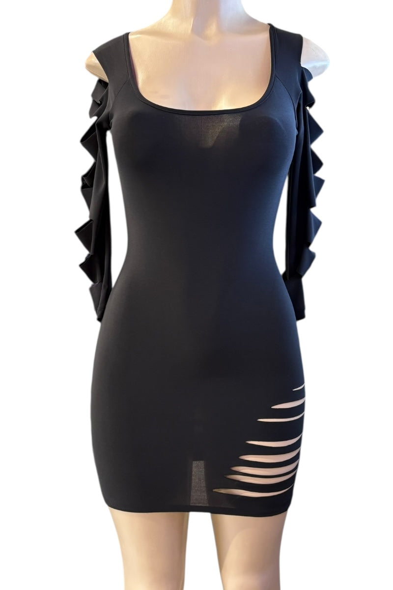 Black dress with shredded shoulders on a mannequin against a white background