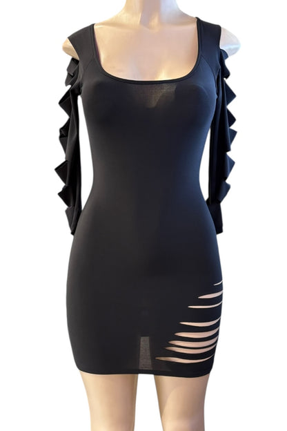 Black dress with shredded shoulders on a mannequin against a white background