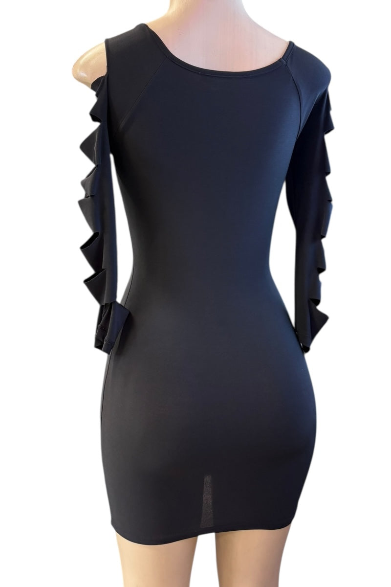 Black dress with shredded shoulders on a mannequin against a white background