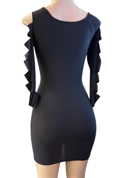 Black dress with shredded shoulders on a mannequin against a white background