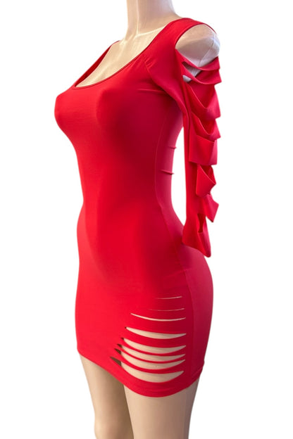 Red dress with shredded sleeves on a mannequin against a white background