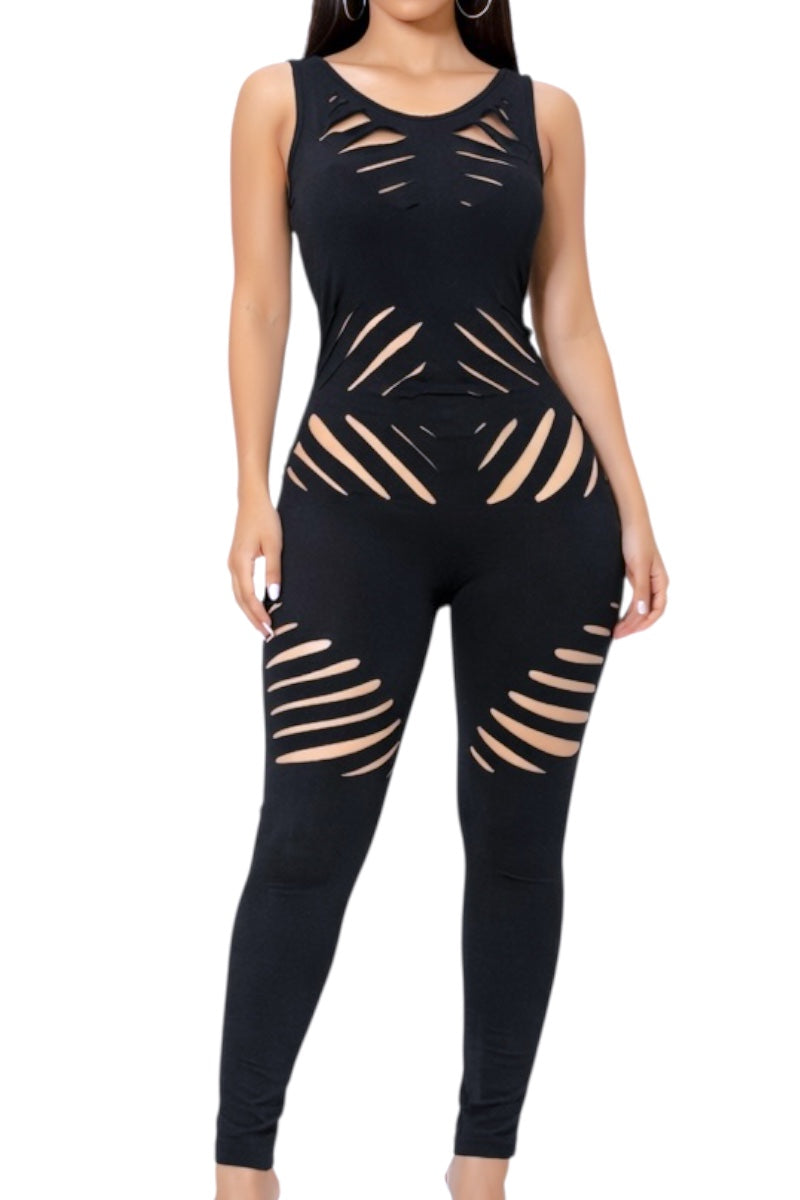 Black jumpsuit with cut-out design on a white background
