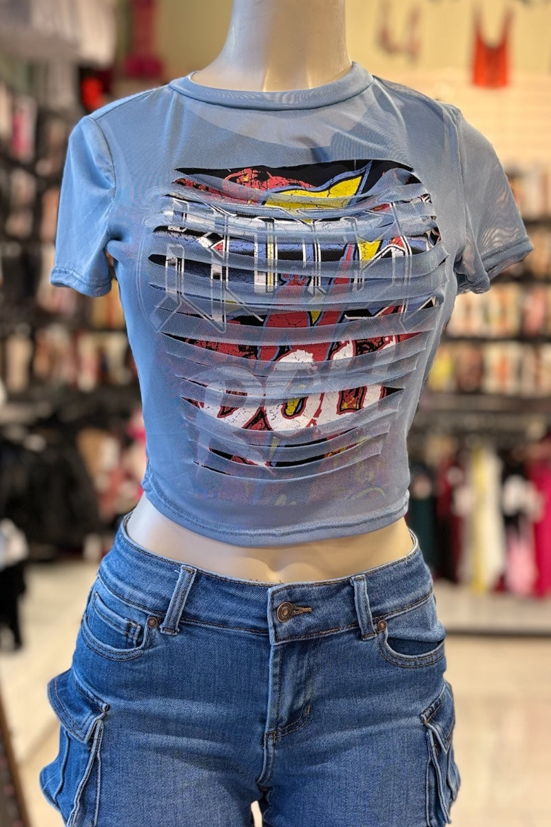 Shredded Mesh Overlay Cropped Rock & Roll Tee
