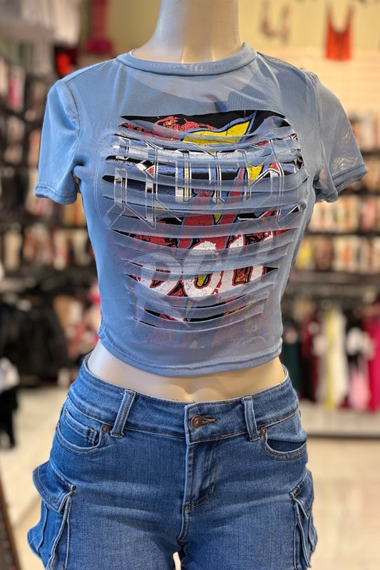 Shredded Mesh Overlay Cropped Rock & Roll Tee