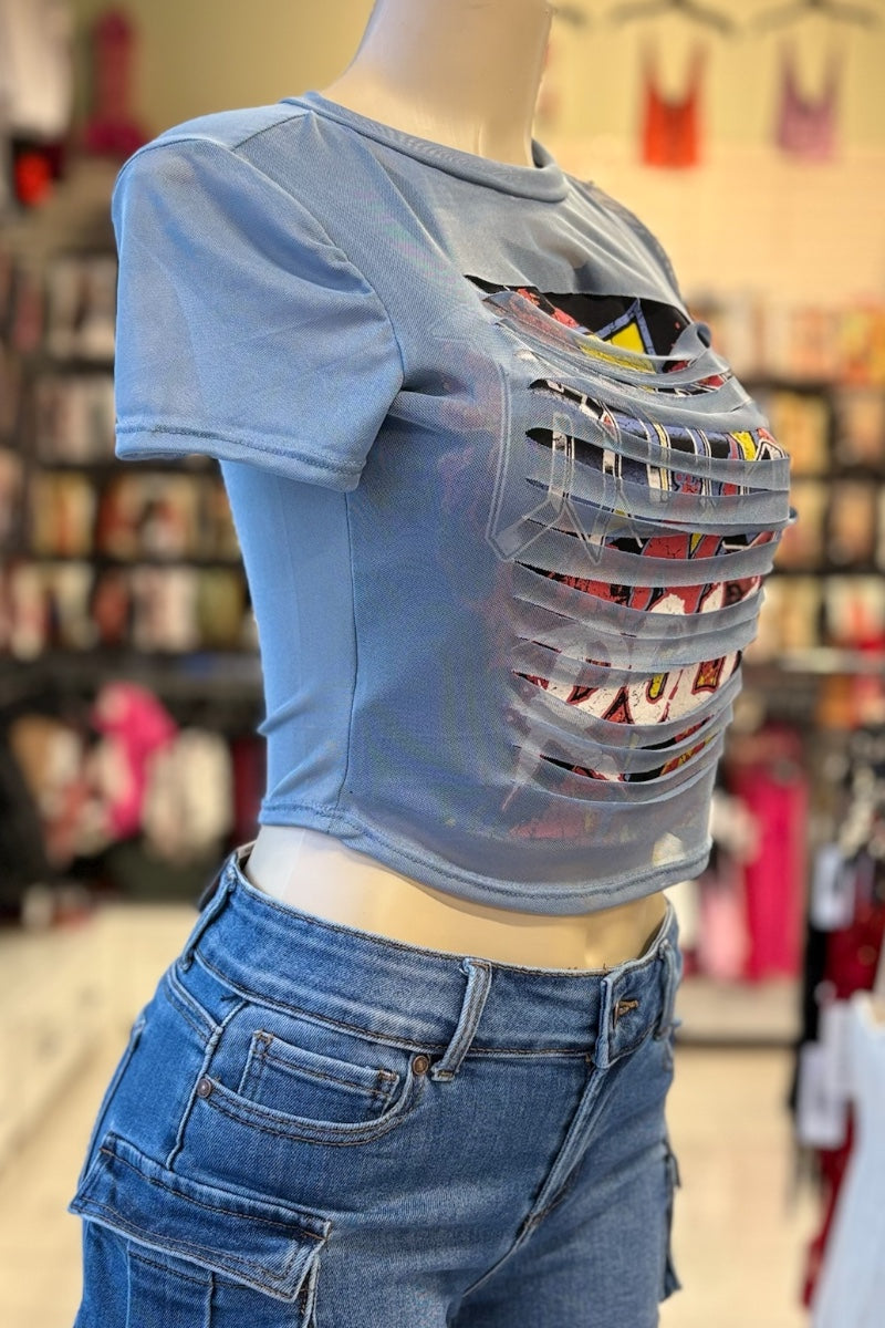 Shredded Mesh Overlay Cropped Rock & Roll Tee