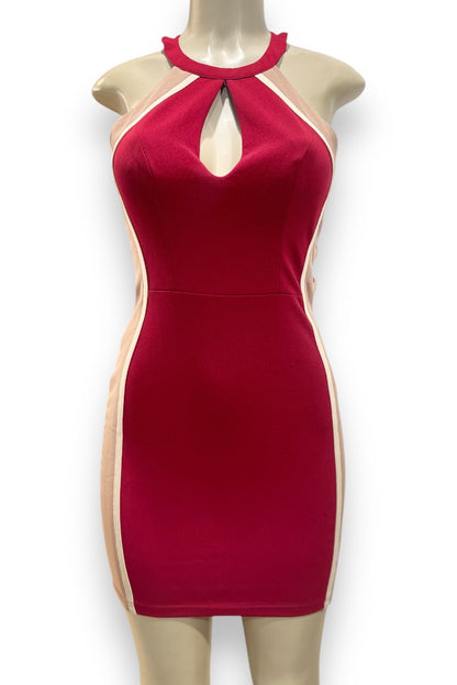 Side Lace Up Keyhole Color-Block Dress - Burgundy