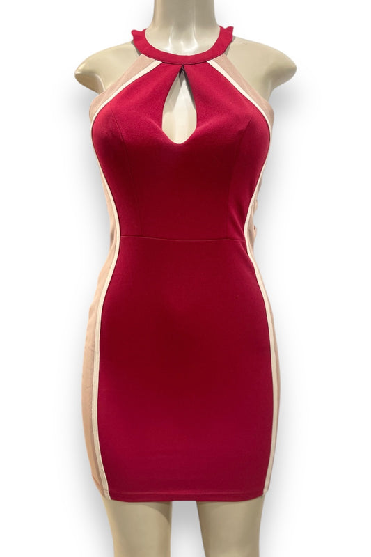 Side Lace Up Keyhole Color-Block Dress - Burgundy