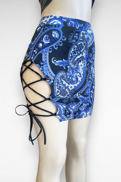 Side Lace Up Print Mini Skirt