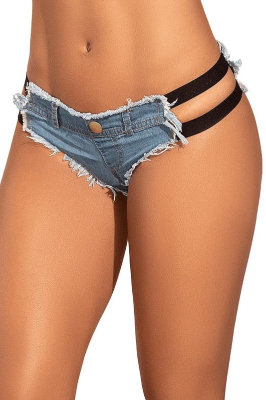 A close-up of a model wearing low-rise denim briefs with a frayed hem and double black side straps.