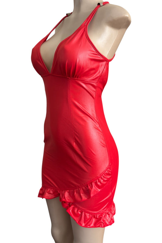 Red faux leather dress on a mannequin against a white background