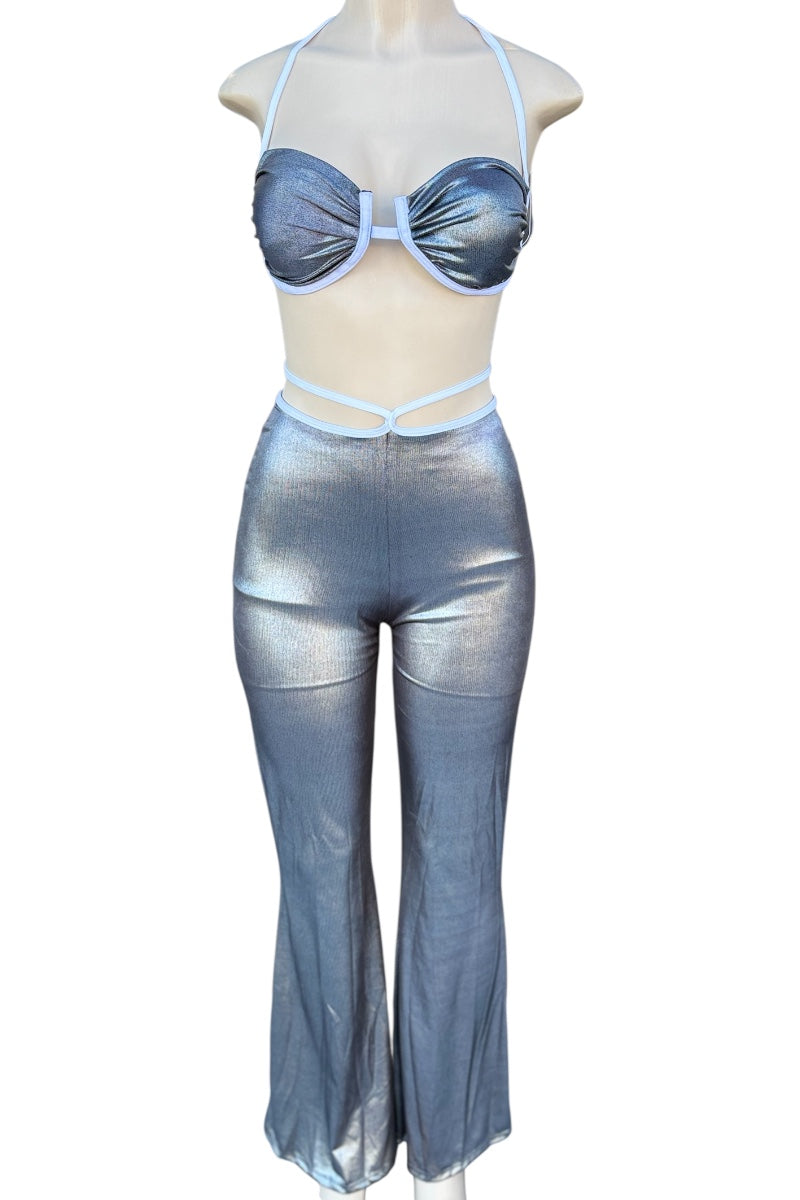 Metallic silver bikini set on a mannequin against a white background