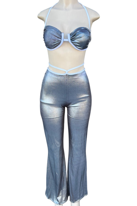 Metallic silver bikini set on a mannequin against a white background