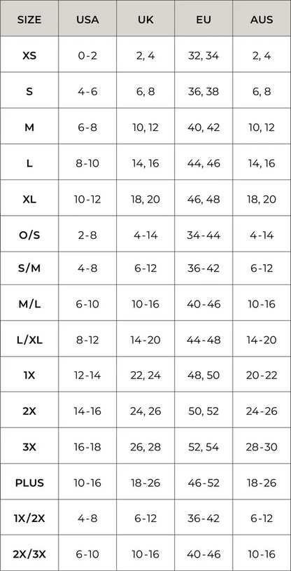 Size chart comparing USA, UK, EU, and AUS size standards.
