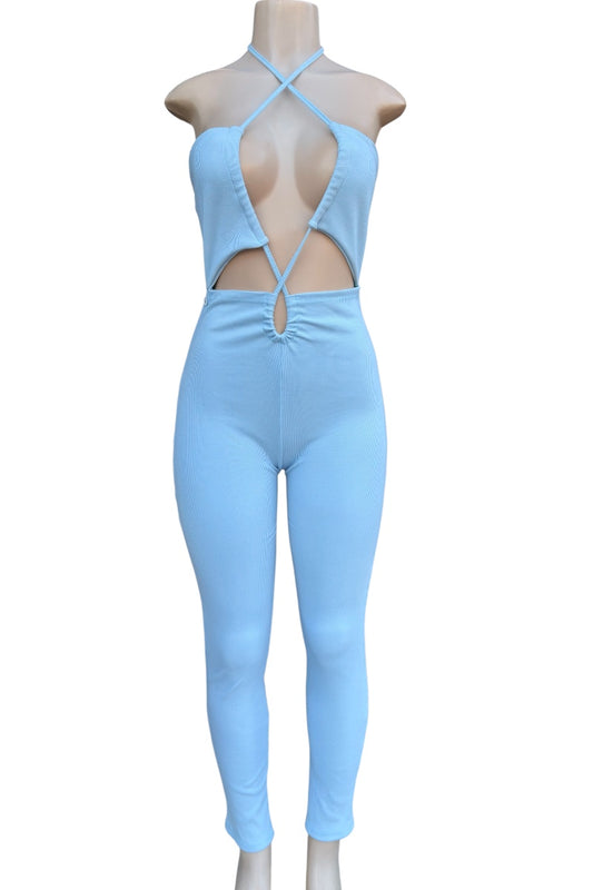 Light blue jumpsuit with cut-out design on a white background