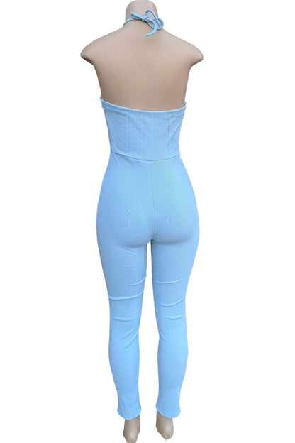 Light blue strapless jumpsuit on a mannequin against a white background