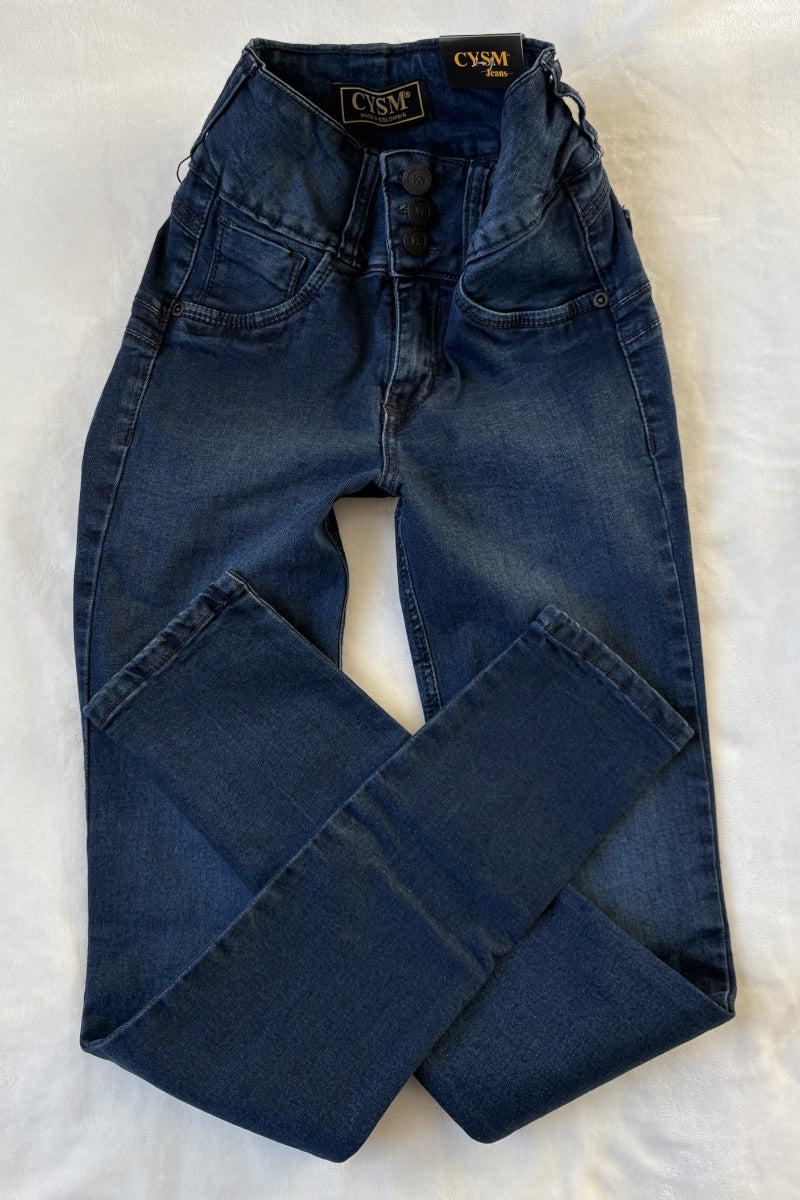 Blue jeans with a brand label on a white background