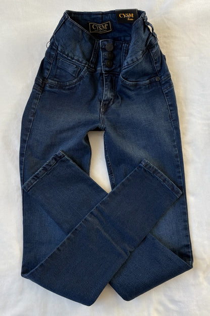 Blue jeans with a brand label on a white background