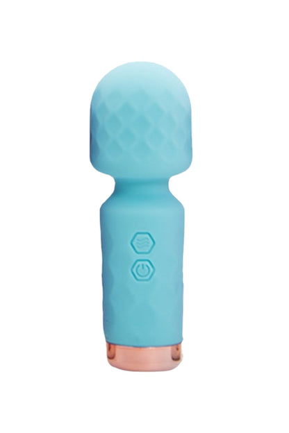 Turquoise silicone wand toy with rose gold accents on a white background