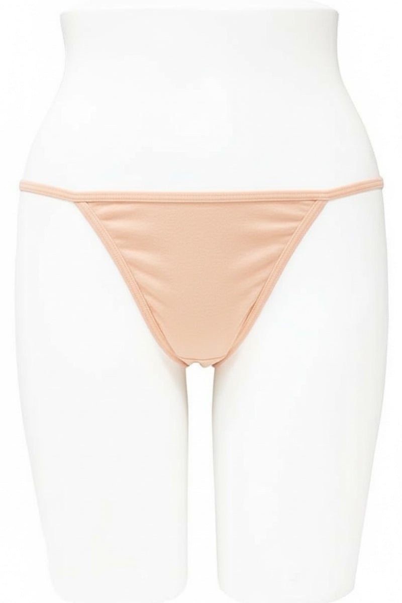 Beige thong on a white mannequin against a white background