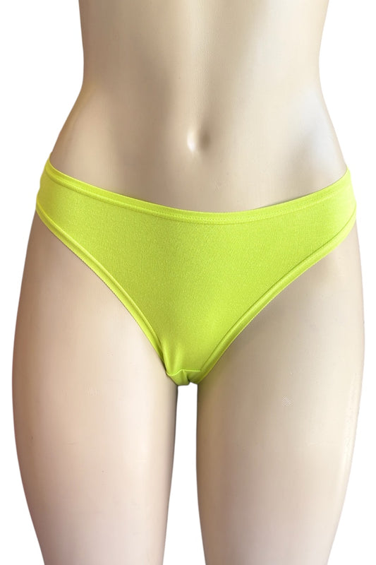 Bright green bikini bottom on a mannequin against a white background
