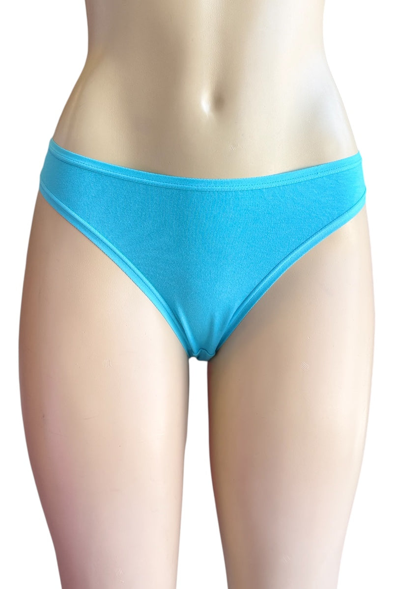 Blue bikini bottom on a mannequin against a white background