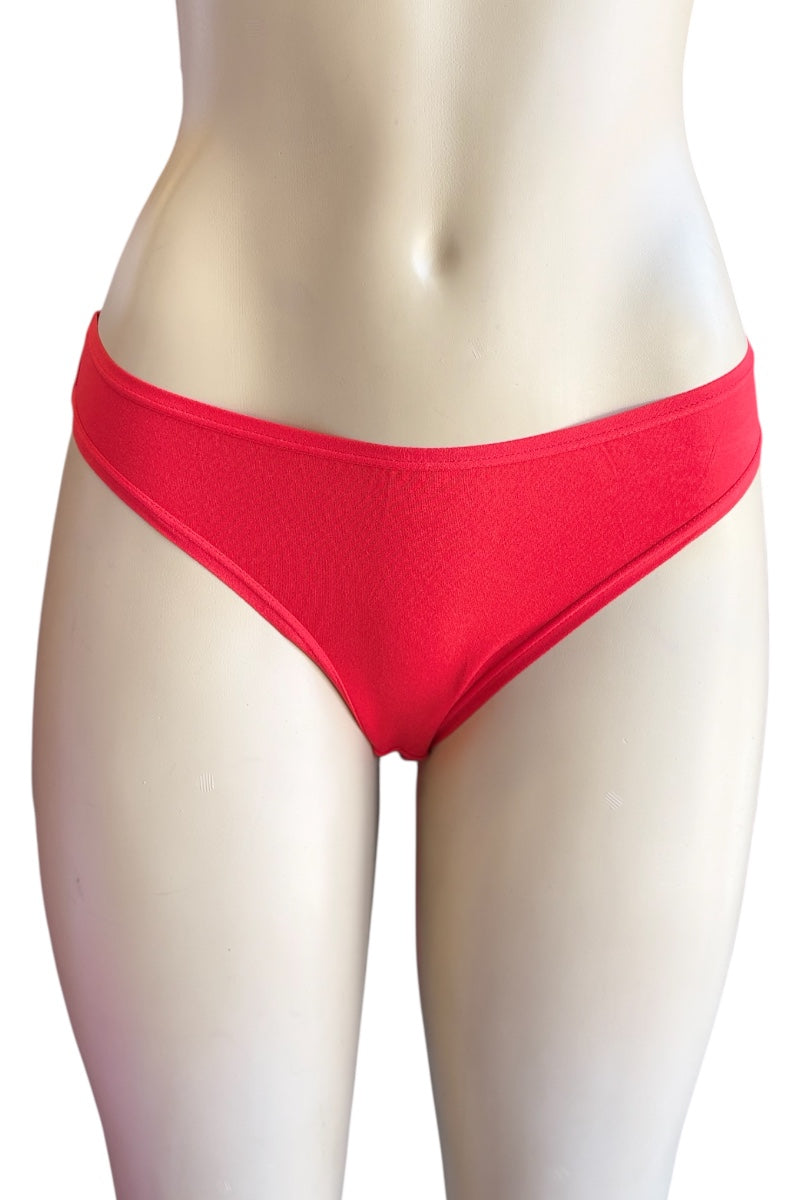 Red bikini bottom on a mannequin against a white background
