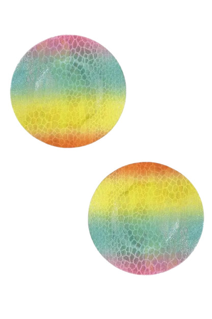 Pair of rainbow-colored pasties on a white background