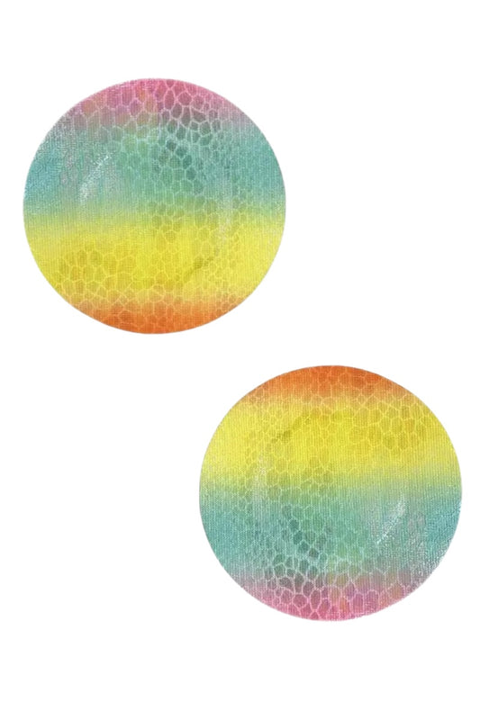 Pair of rainbow-colored pasties on a white background