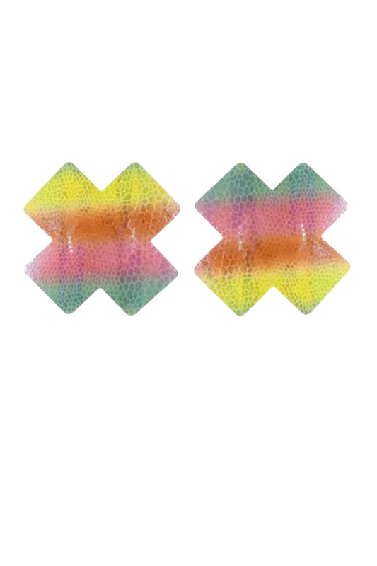 Pair of colorful geometric pasties on a white background