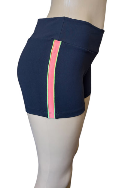 Black shorts with a stripe on a mannequin against a white background