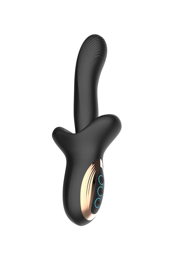 A black personal massager with a ribbed shaft, curved body, and a metallic gold accent ring featuring blue LED indicator lights, shown against a plain white background.