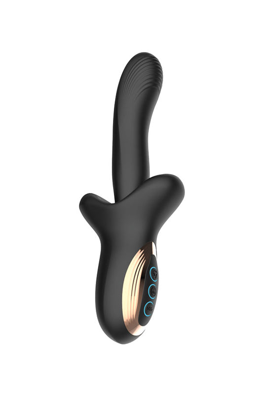 A black personal massager with a ribbed shaft, curved body, and a metallic gold accent ring featuring blue LED indicator lights, shown against a plain white background.