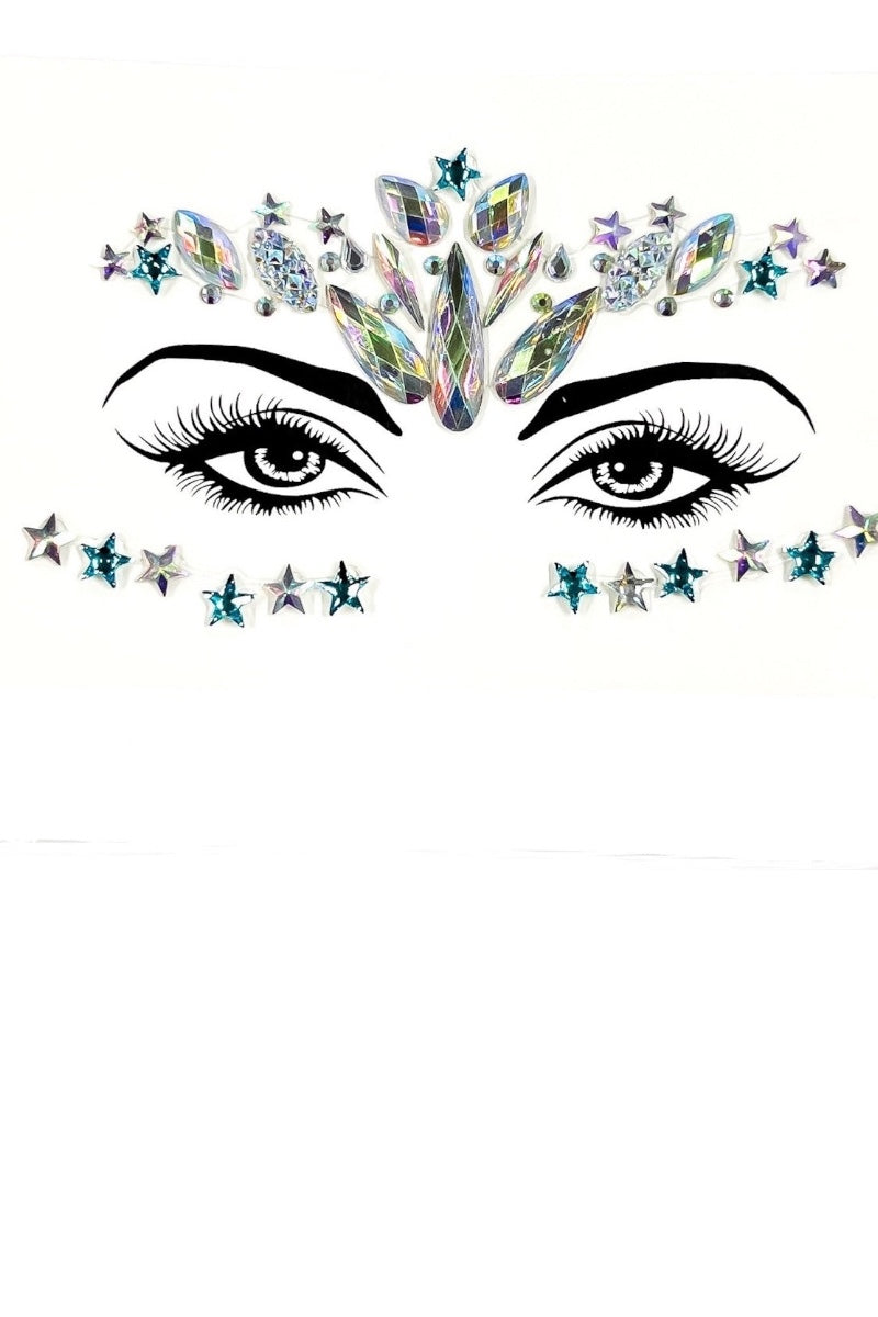 Decorative face design with diamonds and stars on a white background