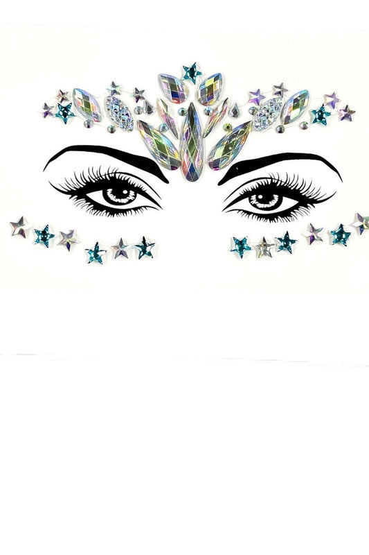 Decorative face design with diamonds and stars on a white background
