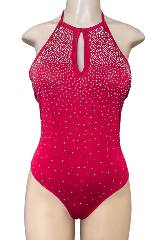 Red bodysuit with rhinestone embellishments on a mannequin against a white background