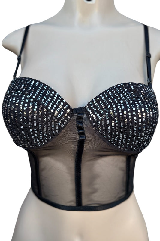 Black bra crop top with silver embellishments on a mannequin