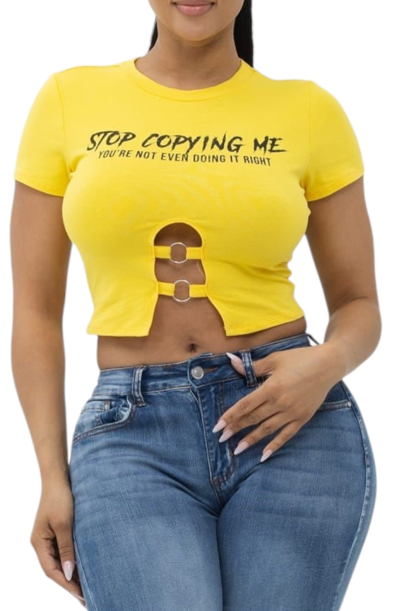 Stop O Ring Cropped Crew Neck Tee - Yellow