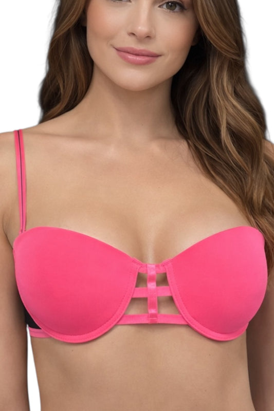 Woman wearing a pink bra on a white background