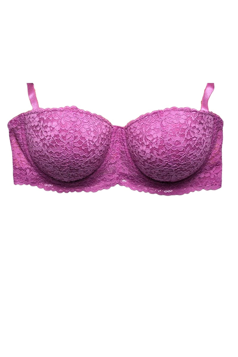 A pink lace underwire bra with scalloped edges and thin shoulder straps, shown against a plain white background.