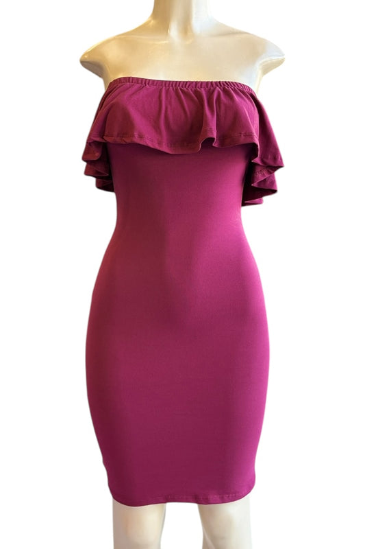 burgundy off-shoulder dress on a mannequin against a white background