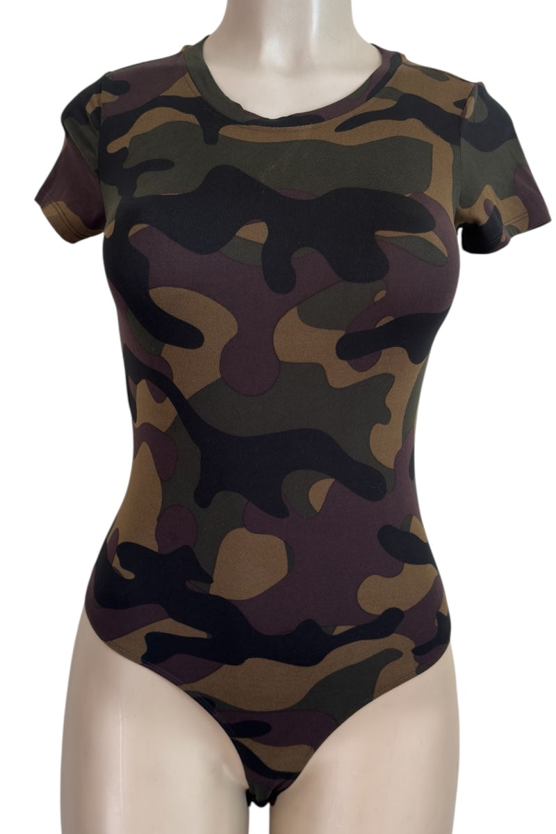 Camouflage-patterned bodysuit on a mannequin against a white background