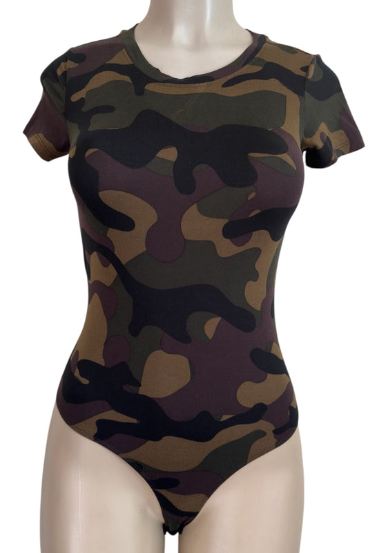 Camouflage-patterned bodysuit on a mannequin against a white background