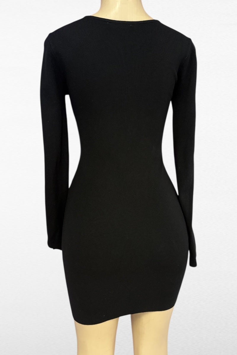 Black long-sleeve dress on a mannequin against a white background