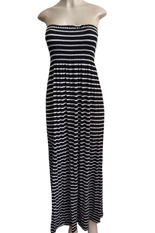 Black and white striped strapless dress on a mannequin against a white background